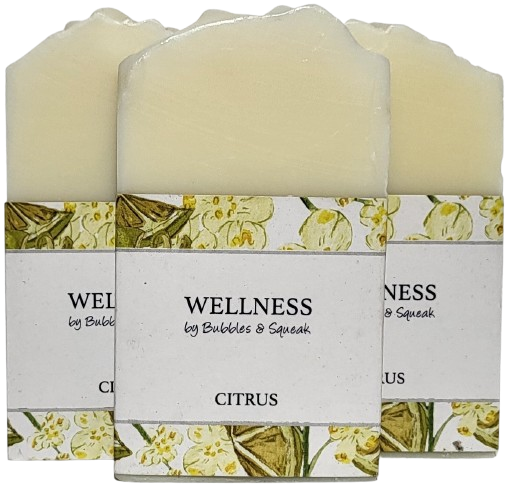 Three bars of just soap citrus, one in front of two others, no background