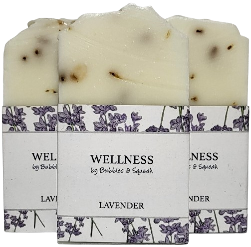 Three bars of just soap lavender, one in front of two others, no background
