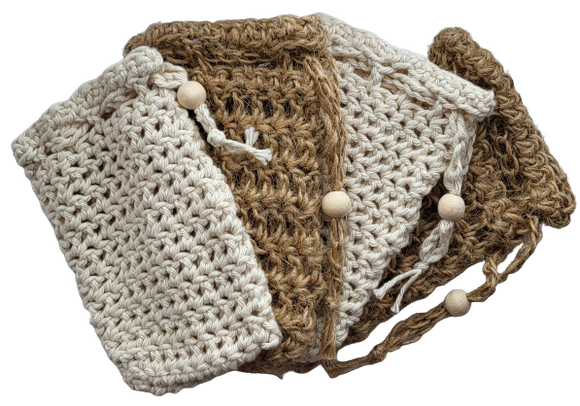 two jute and  two cotton soap saver bags arranged alternately in a fan